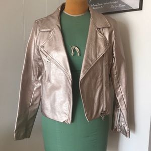 Signature 8 Metallic Rose Gold Faux Leather Motorcycle Jacket